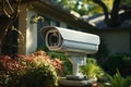 Strategically placed in a residential garden, this security camera stands vigilant, symbolizing homeowner vigilance