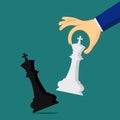 Strategist holding in hand chess figure white king. Victory in battle. Winning success