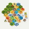 A strategy board game with hexagonal tiles creating a map with resources. vector design Generative AI Royalty Free Stock Photo