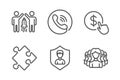 Strategy, Call center and Partnership icons set. Security agency, Buy currency and Women group signs. Vector