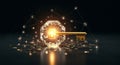 Strategy Concept Key to Networked Knowledge A golden key unlocks a glowing crystal sphere symbolizing access innovation