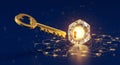 Strategy Concept Key Unlocking Network Knowledge Golden key unlocks a radiant crystal symbolizing strategic access innovative Royalty Free Stock Photo