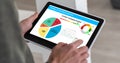 Strategy of diversified investment. Investor managing portfolio. Pie chart and candlestick charts.