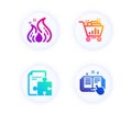 Strategy, Fire energy and Seo shopping icons set. Technical documentation sign. Puzzle, Flame, Analytics. Vector Royalty Free Stock Photo