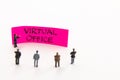 Strategy meeting with miniature figurines posed as business people standing around post-it note with Virtual Office handwritten