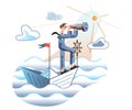 Strategy searching flat vector illustration. Businessman on paper boat looking in spyglass. Entrepreneur in formal wear