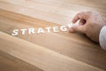 Strategy word with male hand on wood table.Business marketing Royalty Free Stock Photo