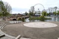 Warwickshire Firefighters Memorial, Bancroft Gardens, with The Clopton Bridge and Stratford Big Wheel and River Avon.