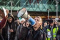 STRATFORD, LONDON, ENGLAND- 5 December 2020: Anti-lockdown Standupx protester making a speech at a protest in Stratford