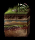 Stratigraphic section of soil with layers isolated on black background, created with generative AI