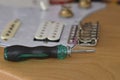 Stratocaster electric guitar pickups and bridge repair Royalty Free Stock Photo