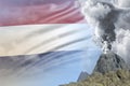 stratovolcano blast eruption at day time with white smoke on Netherlands flag background, problems of eruption and volcanic ash