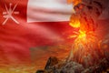 stratovolcano blast eruption at night with explosion on Oman flag background, problems of eruption and volcanic ash concept - 3D