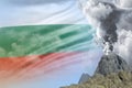 Stratovolcano eruption at day time with white smoke on Bulgaria flag background, troubles because of eruption and volcanic