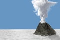 Stratovolcano eruption with huge smoke column and fire isolated on blue background, troubles because of disaster and volcanic