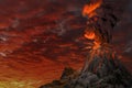 Stratovolcano eruption with huge smoke pillar and fire on sunset, troubles because of eruption and volcanic ash concept - 3D