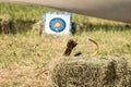 Straw archery target. Arrows and target on the