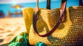 Straw bag sitting on top of beach next to pair of flip flops. Generative AI