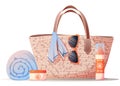 Straw bag, towel, sunscreen, sunglasses. Beach equipment for relaxing on the beach. Summertime illustration.