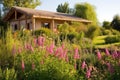 straw-bale lodge between flowering shrubs