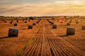 Straw bales on the agricultural field at sunset. Beautiful landscape Royalty Free Stock Photo