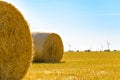 Straw Bales on the Bright Yellow Field under Blue Sky. Wind Generator Turbines on the Background Royalty Free Stock Photo