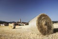 Straw bales on corn fields after harvest Royalty Free Stock Photo