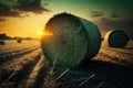 Straw bales on farmland with field against sky during sunset. Rural landscape image of Summer sunset. On a farm. generative AI Royalty Free Stock Photo