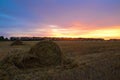 Straw bales on farmland field with pink sunset sky Royalty Free Stock Photo