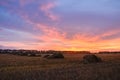 Straw bales on farmland field with pink sunset sky Royalty Free Stock Photo