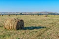 Straw bales on farmland at sunset. Haystacks lay on yellow field in golden light of setting sun. Blue sky, green small Royalty Free Stock Photo