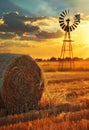 Straw bales on farmland with windmill in the background and beautiful sunset Royalty Free Stock Photo