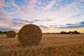 Straw bales after harvest at sunset time