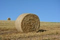 A straw bales and a hay ball in the horizon on harvested field Royalty Free Stock Photo