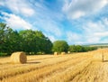 Straw bales on a wheat field and blue sky Royalty Free Stock Photo