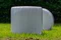 Straw balls in ensilage, one standing one lying down