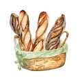 Straw basket with baguettes watercolor illustration isolated on white background. Rye loaf French bread hand drawn Royalty Free Stock Photo