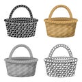 Straw basket for carrying fruits and vegetables in the village. Farm and gardening single icon in cartoon style vector