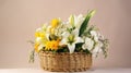 Straw basket with flowers, lilies and daisies, white and yellow with copy space. Generative AI