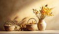 Straw baskets with dried flower arrangements. AI generated