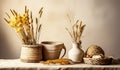 Straw baskets with dried flower arrangements. AI generated