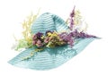 Straw blue hat with flowers isolated