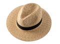 Straw fedora hat isolated. Summer hat with black ribbon. Cap on white background. Royalty Free Stock Photo
