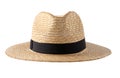 Straw fedora hat isolated. Summer hat with black ribbon. Cap on white background. Royalty Free Stock Photo