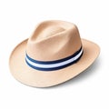 Straw fedora hat isolated. Summer hat with ribbon.