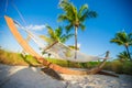 Straw hammock in the shadow of palm on tropical Royalty Free Stock Photo