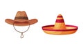 Straw Hat as Brimmed Woven Headdress with Sombrero and Cowboy Hat Vector Set