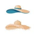 Straw Hat as Brimmed Woven Headdress Vector Set