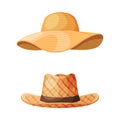 Straw Hat as Brimmed Woven Headdress Vector Set