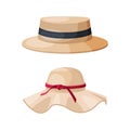 Straw Hat as Brimmed Woven Headdress Vector Set